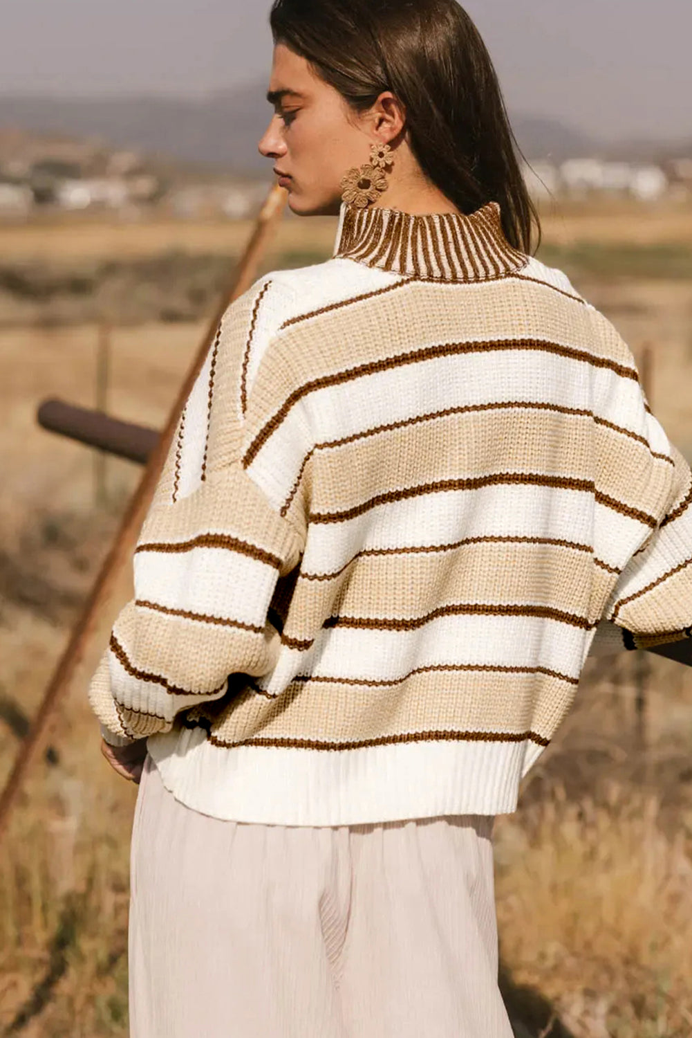 Khaki Striped Colorblock Zip Neck Knit Sweater
