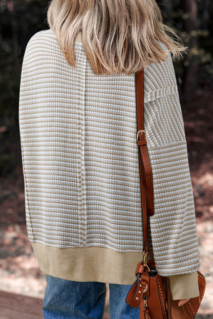 Black Stripe Ribbed Trim Drop Shoulder Long Sleeve Oversized Top