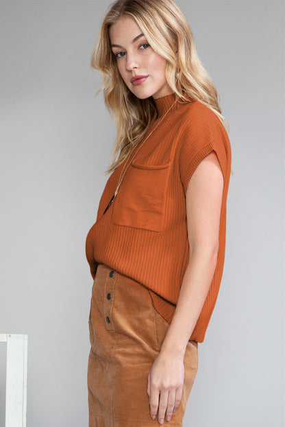 Dark Blue Patch Pocket Ribbed Knit Short Sleeve Sweater