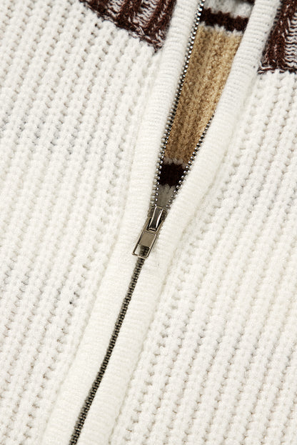 Khaki Striped Colorblock Zip Neck Knit Sweater