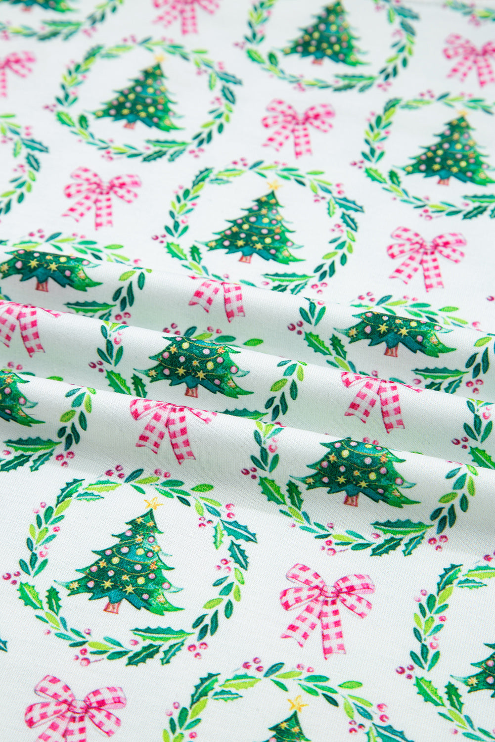 Green Bow Christmas Tree Print Contrast Striped Trim 2pcs Lounge Set