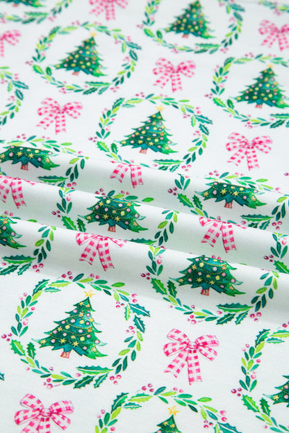 Green Bow Christmas Tree Print Contrast Striped Trim 2pcs Lounge Set
