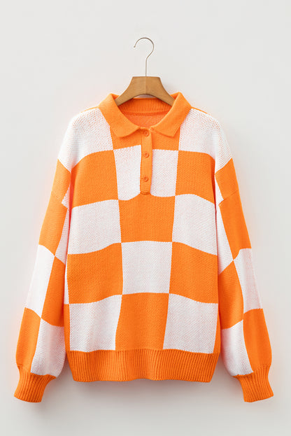 Light French Beige Checkered V-Neck Collared Pullover Sweater