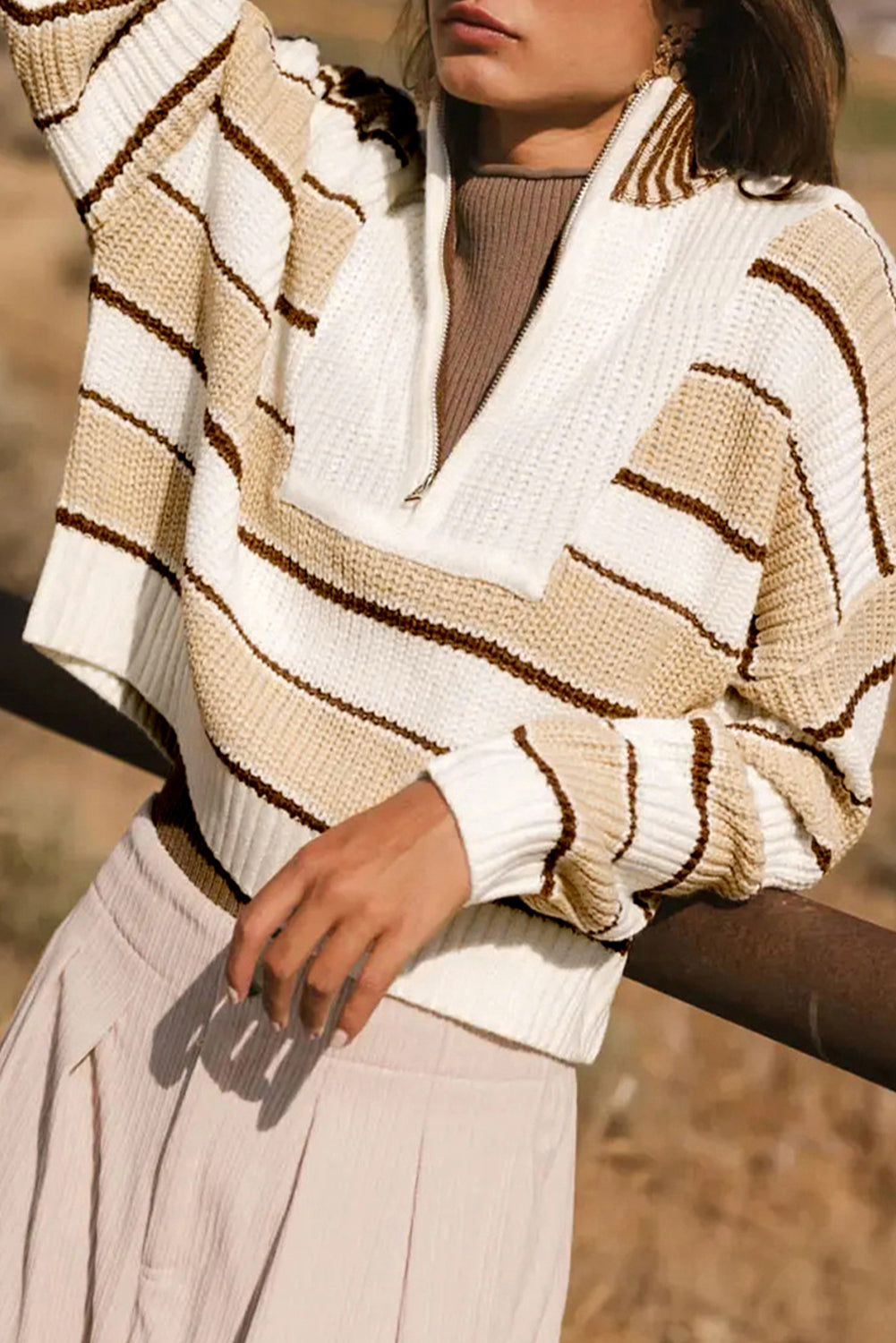 Khaki Striped Colorblock Zip Neck Knit Sweater