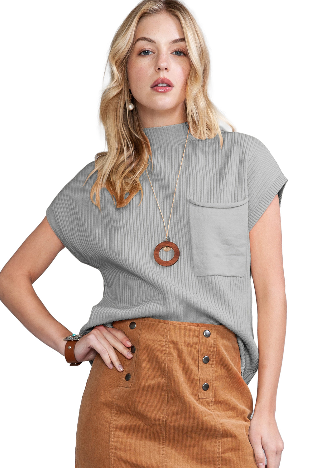 Dark Blue Patch Pocket Ribbed Knit Short Sleeve Sweater