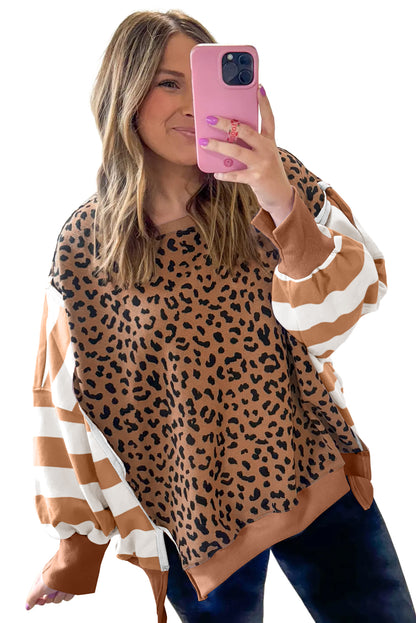 Purple Striped Leopard Colorblock Side Slits Sweatshirt