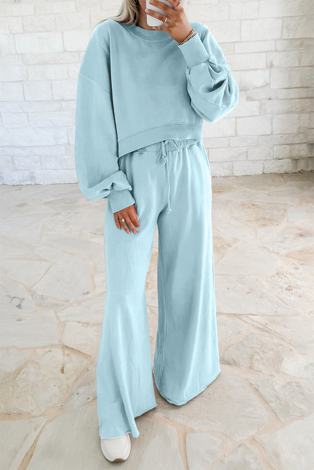 Light Pink Drop Shoulder Crop Pullover Drawstring Wide Leg Pants Set