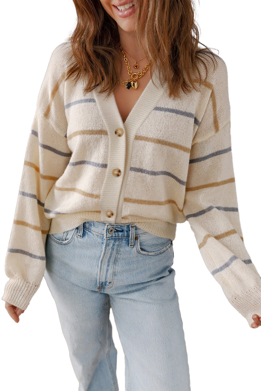 Multicolour Striped Buttoned Front V Neck Drop Shoulder Cardigan