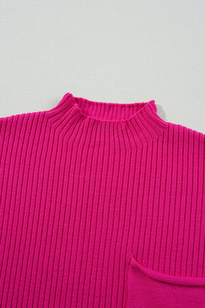 Dark Blue Patch Pocket Ribbed Knit Short Sleeve Sweater