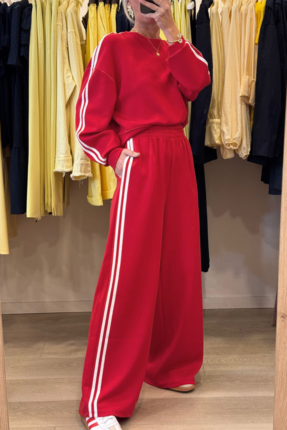 Black Varsity Striped Detail Cropped Pullover Wide Leg Pants 2pcs Outfit