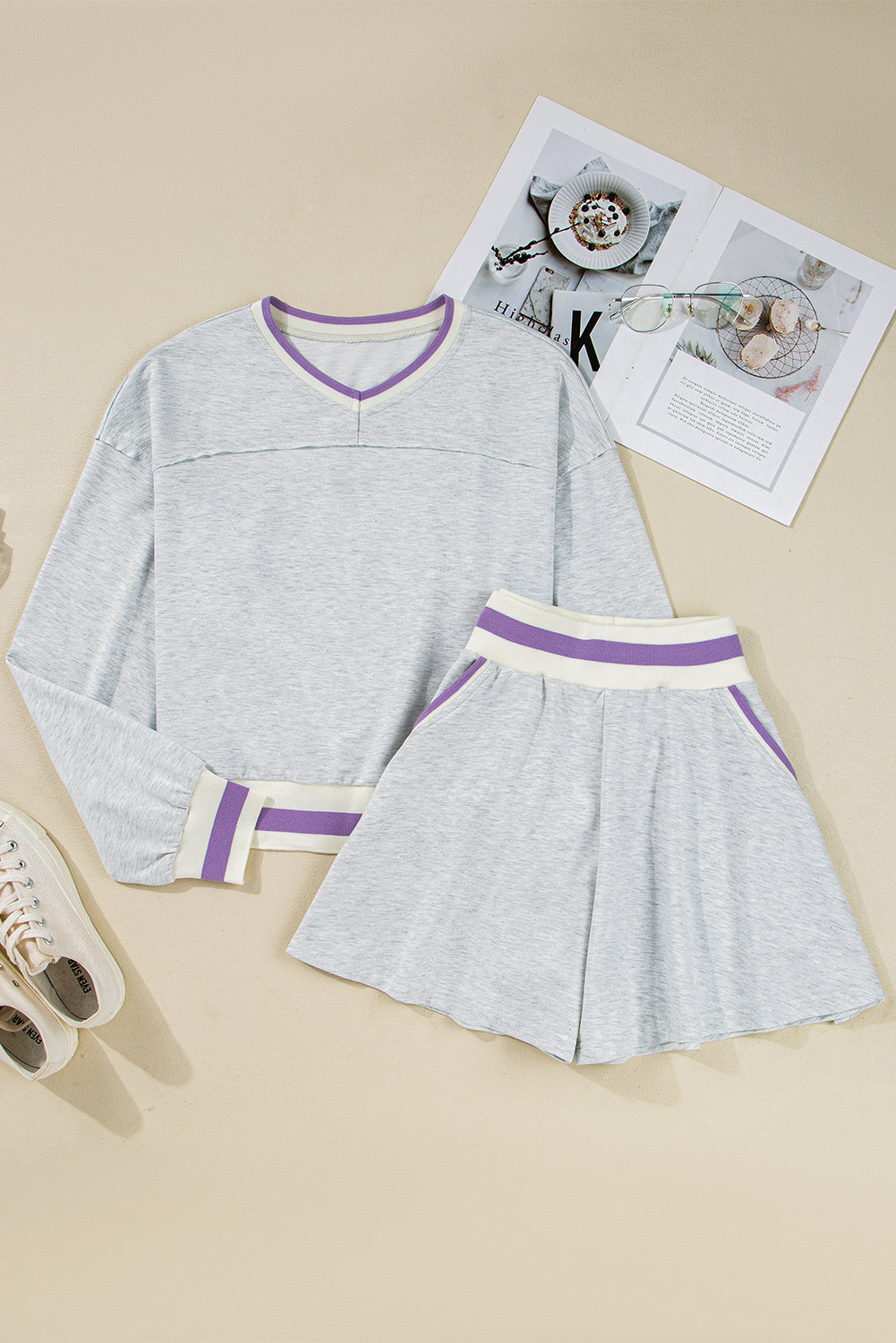 Light Grey Contrast Trim Striped Loose Sweatshirt and Skort Set