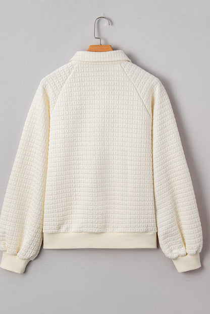 Beige Balloon Sleeve Casual Collared Button Sweatshirt