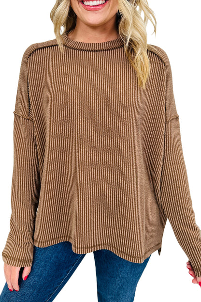 Dark Khaki Twisted Rib Exposed Seam Detail Long Sleeve Loose Top