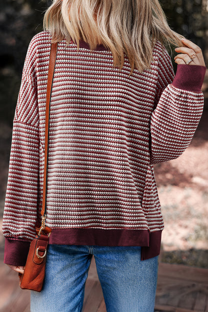 Black Stripe Ribbed Trim Drop Shoulder Long Sleeve Oversized Top