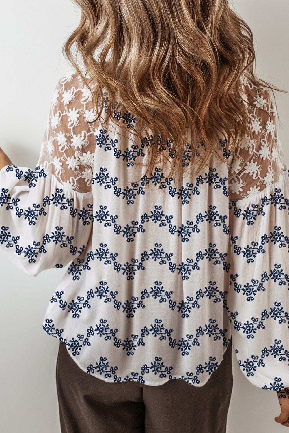 Blue Lace Patchwork Floral Bubble Sleeve V Split Neck Blouse
