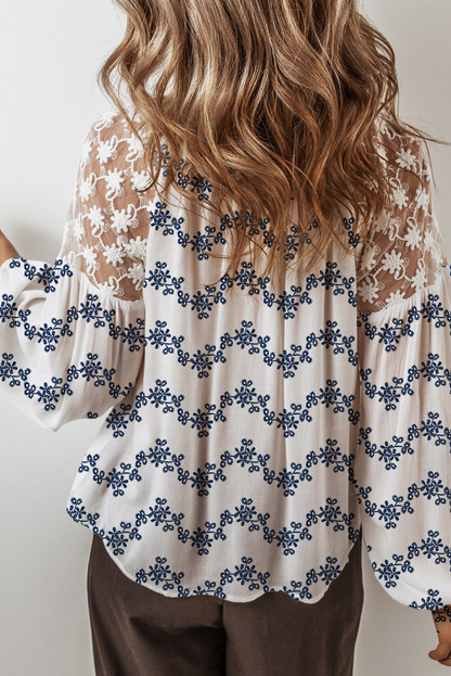 Blue Lace Patchwork Floral Bubble Sleeve V Split Neck Blouse