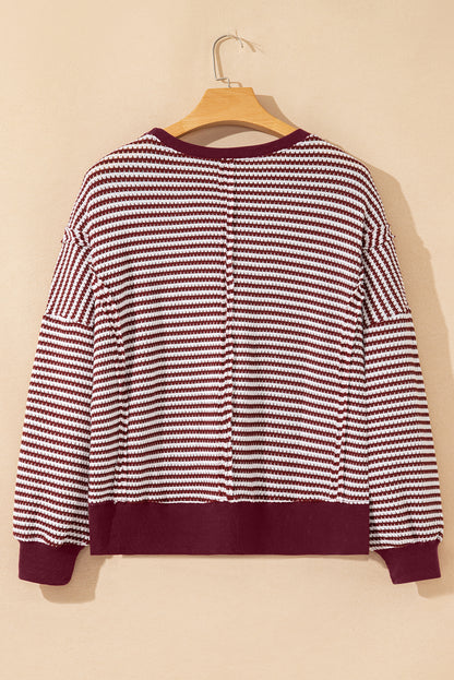 Black Stripe Ribbed Trim Drop Shoulder Long Sleeve Oversized Top
