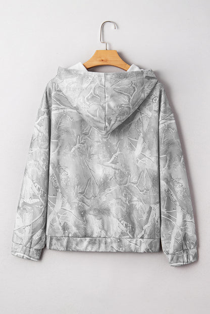 Gray Camouflage Maple Leaf Print Kangaroo Pocket Oversized Hoodie