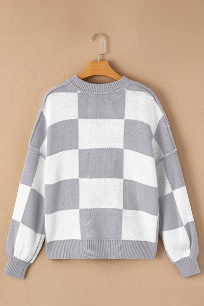 Dark Brown Plaid Bishop Sleeve Pullover Sweater