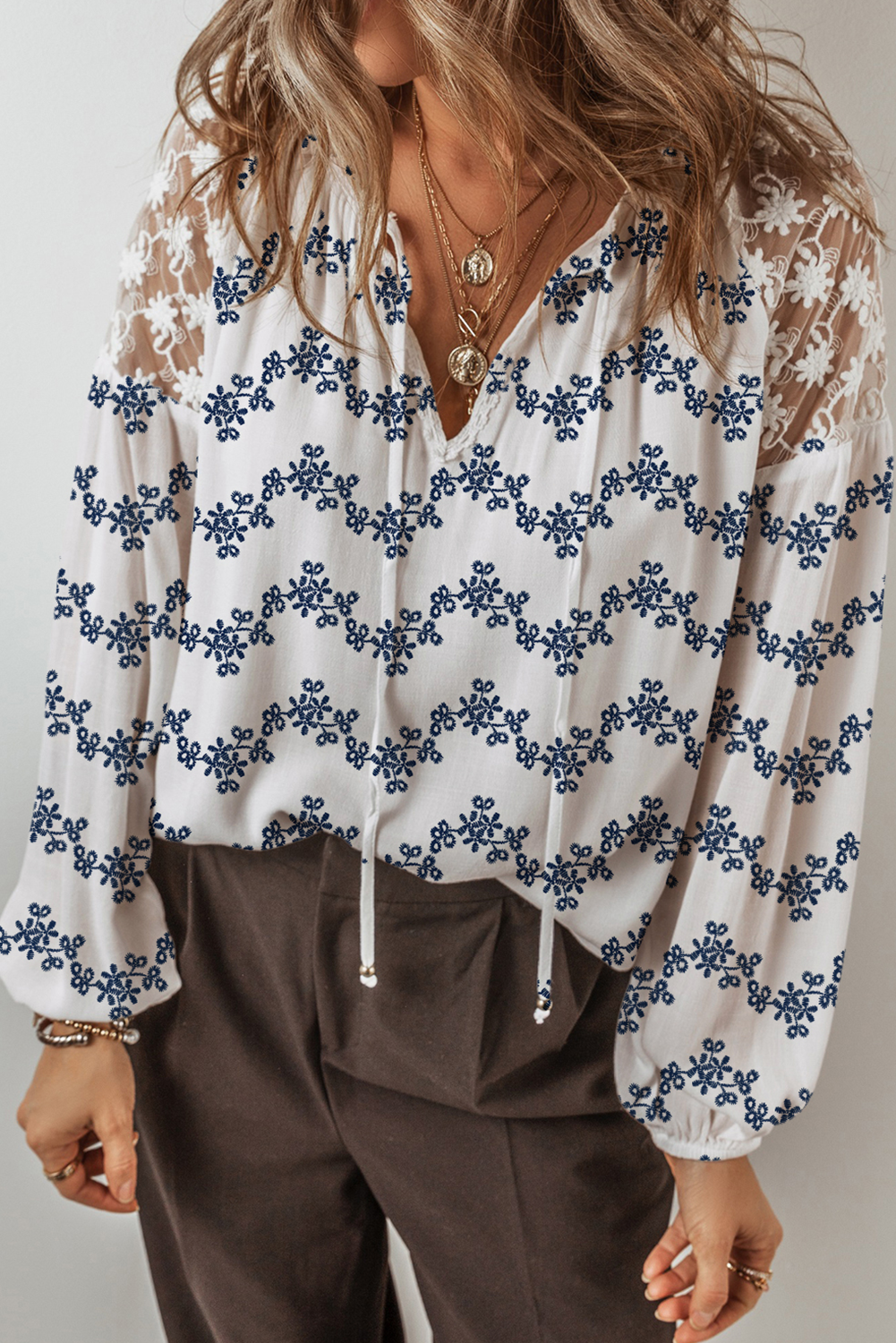 Blue Lace Patchwork Floral Bubble Sleeve V Split Neck Blouse