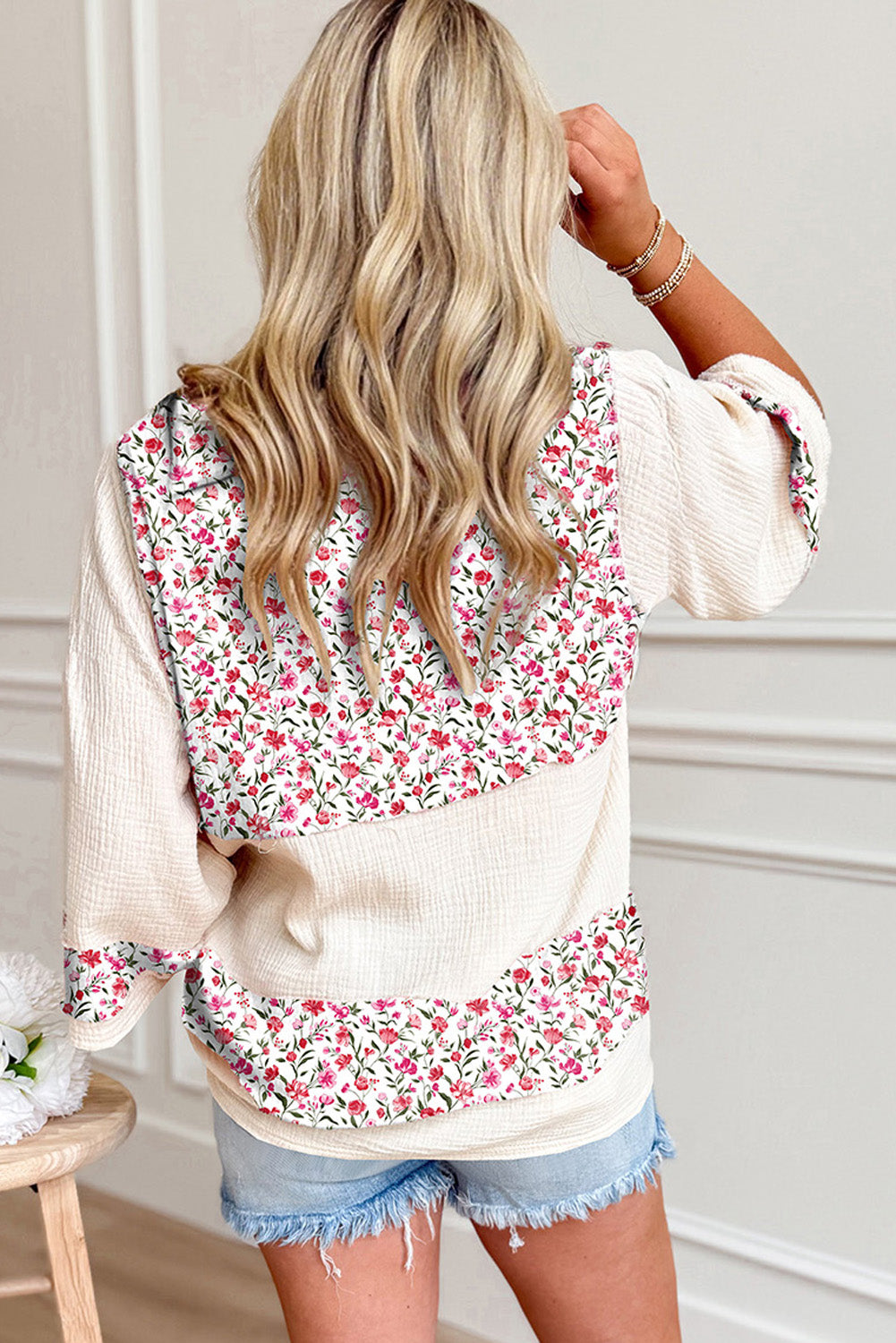 Sky Blue Floral Print Crinkle Patchwork Henley Blouse