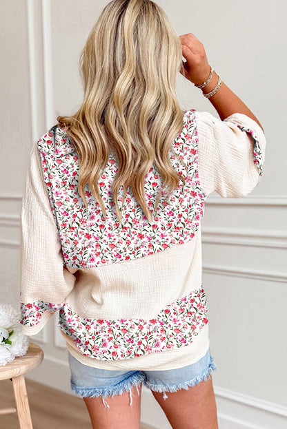 Sky Blue Floral Print Crinkle Patchwork Henley Blouse