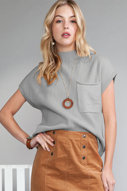 Dark Blue Patch Pocket Ribbed Knit Short Sleeve Sweater