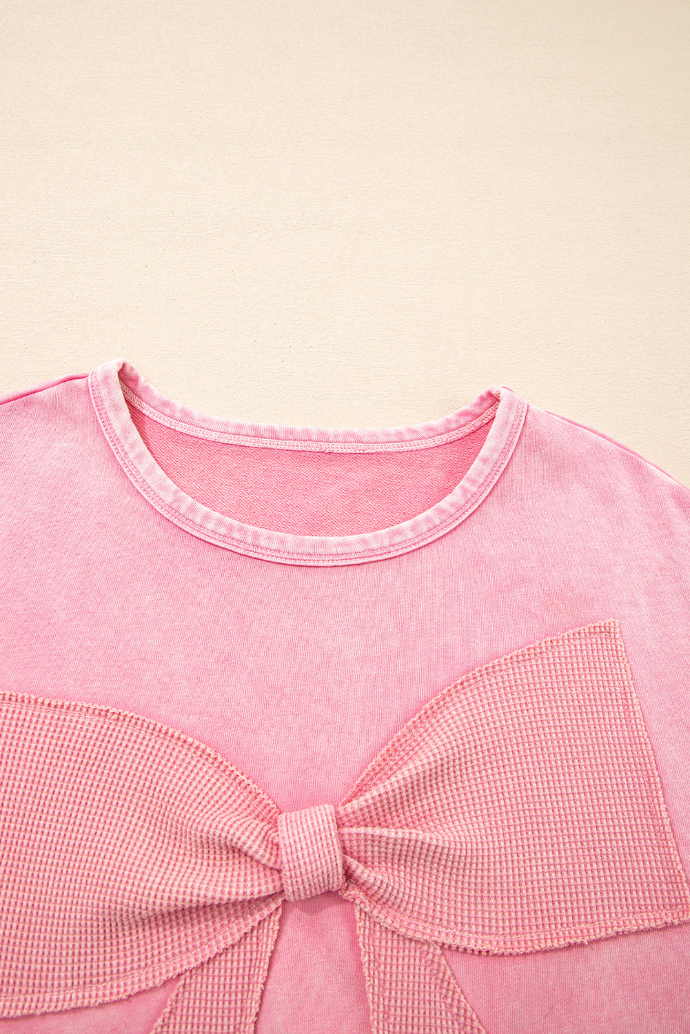 Light French Beige Mineral Wash Waffle Bow Patched Pullover Sweatshirt