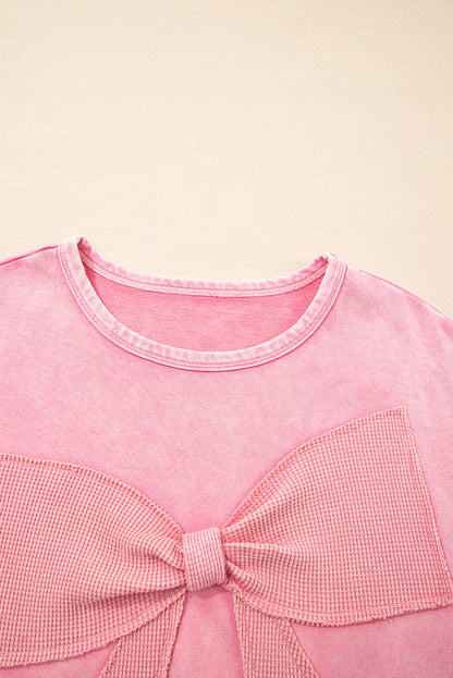 Light French Beige Mineral Wash Waffle Bow Patched Pullover Sweatshirt