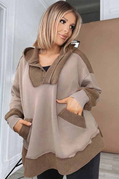 Goat Waffle Patchwork Plus Size Pocketed Hoodie