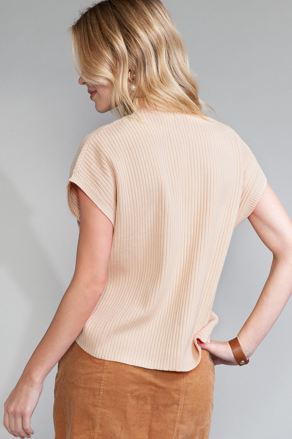 Dark Blue Patch Pocket Ribbed Knit Short Sleeve Sweater