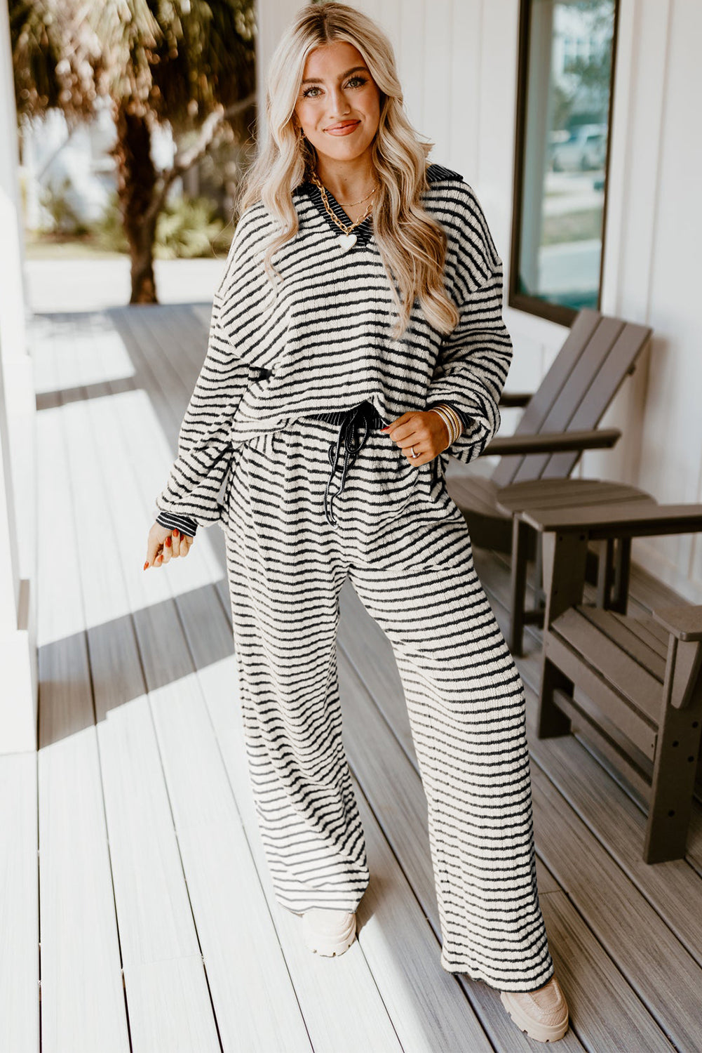Sky Blue Stripe Textured Collared Pullover Top and Drawstring Pants Set