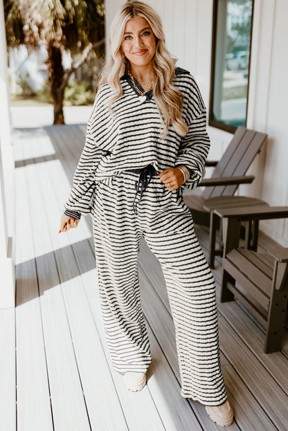 Sky Blue Stripe Textured Collared Pullover Top and Drawstring Pants Set