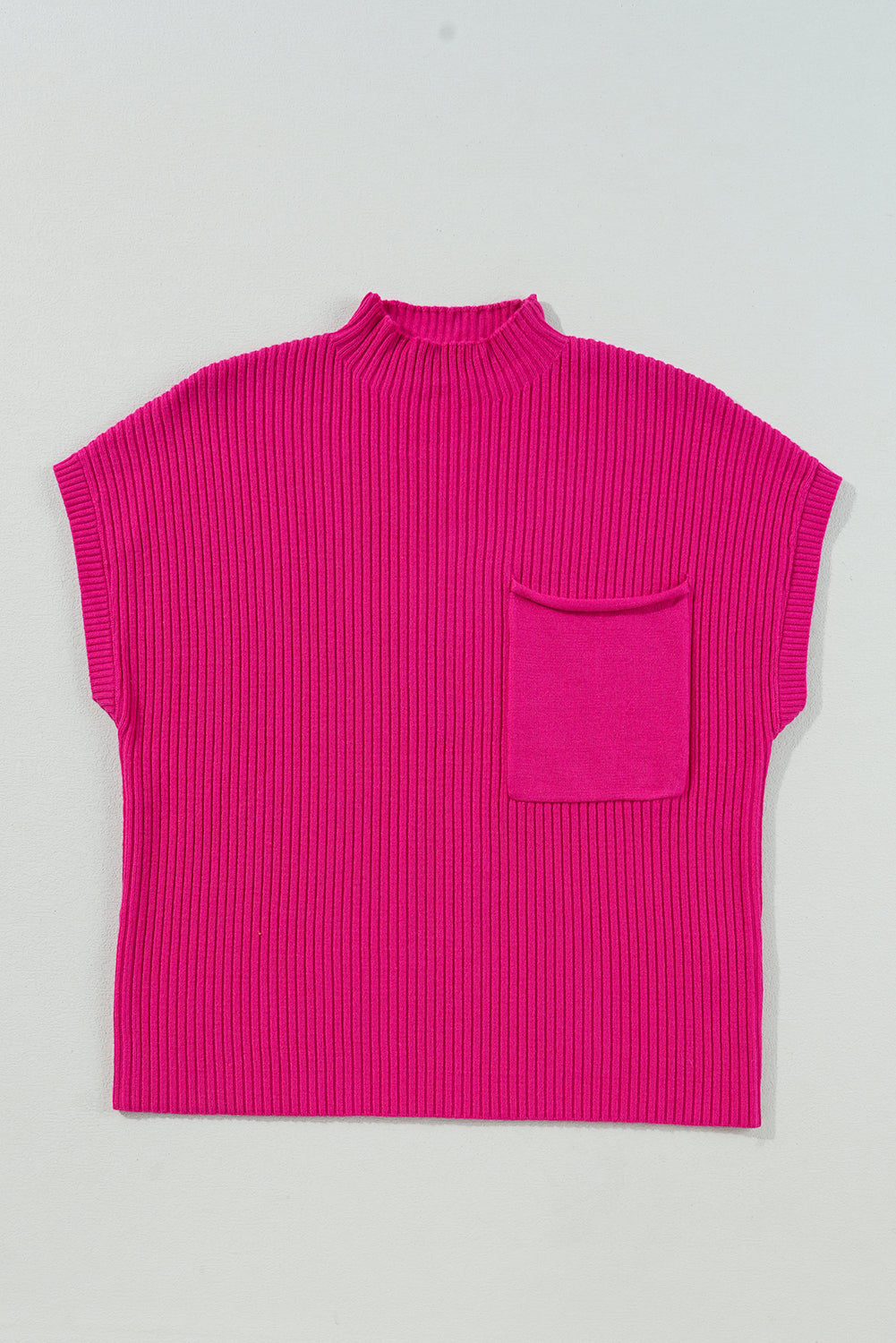 Dark Blue Patch Pocket Ribbed Knit Short Sleeve Sweater