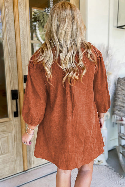 Cinnamon Split Neck Scallop Detail Pleated Corduroy Mini Dress