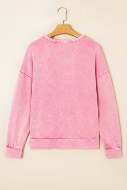 Light French Beige Mineral Wash Waffle Bow Patched Pullover Sweatshirt