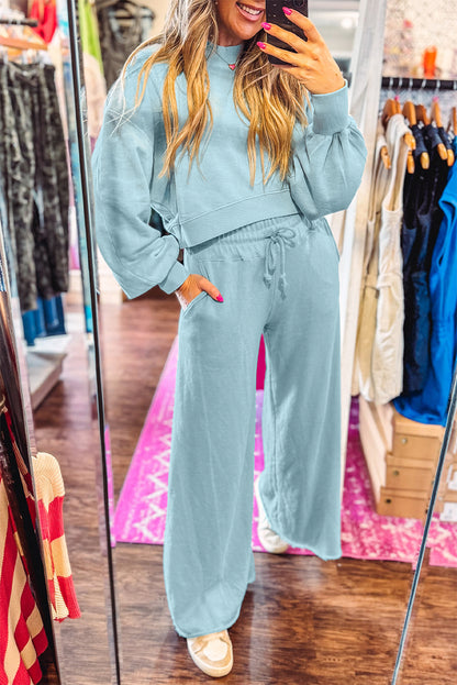 Light Pink Drop Shoulder Crop Pullover Drawstring Wide Leg Pants Set