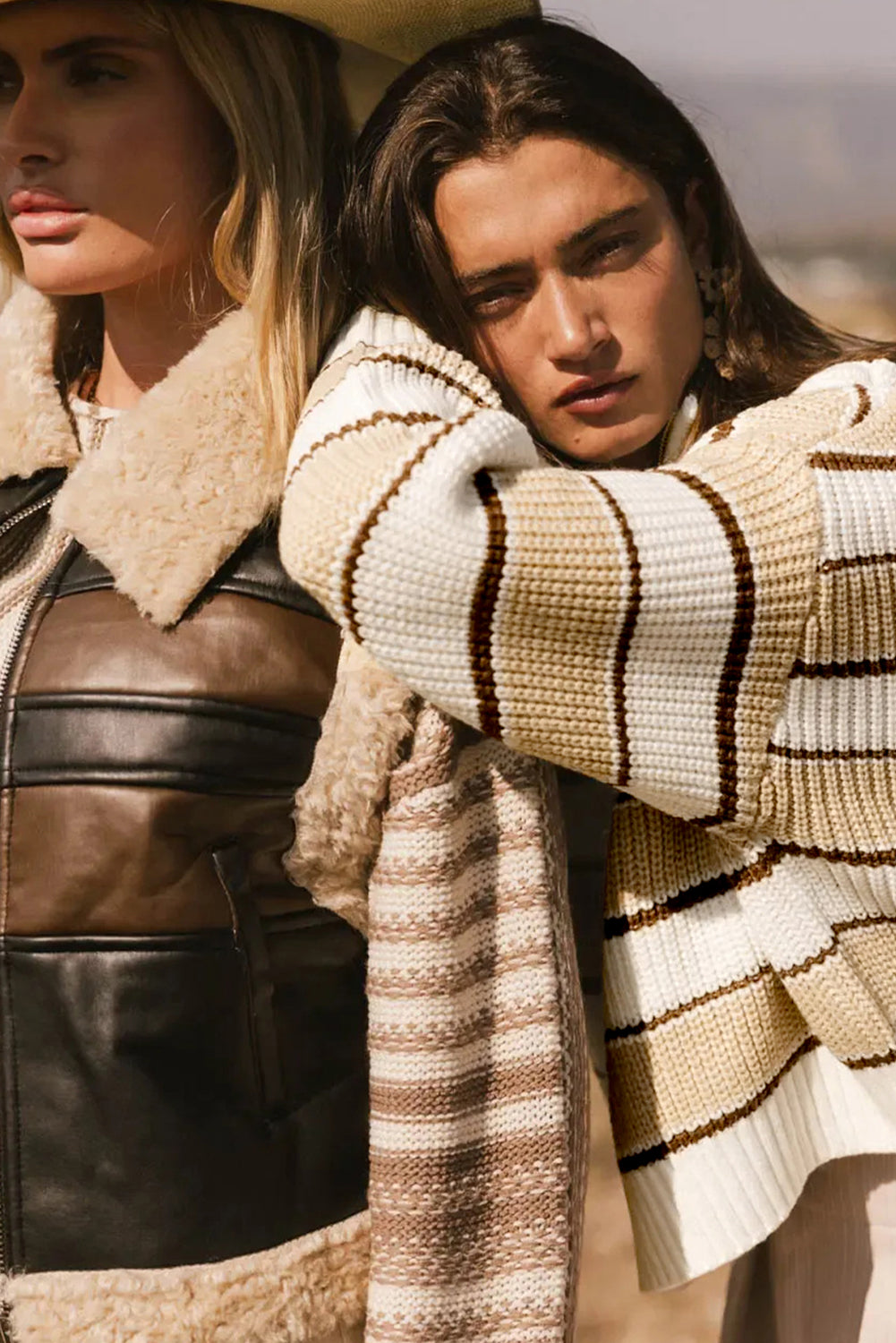 Khaki Striped Colorblock Zip Neck Knit Sweater