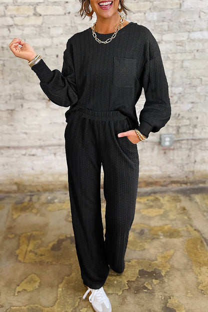 Black Textured Chest Pocket Drop Sleeve Top and Pants Set