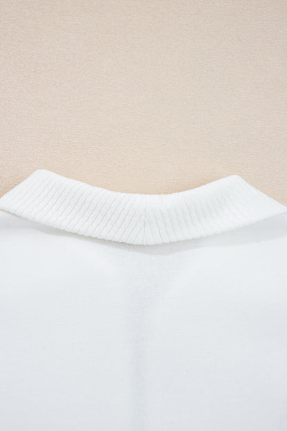 White Ribbed Collar Drop Shoulder Sweatshirt and Shorts Set