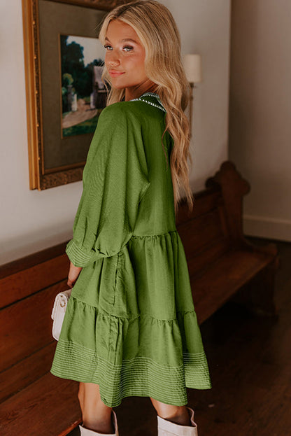 Black Contrast Stitched V Neck 3/4 Sleeve Swing Mini Dress