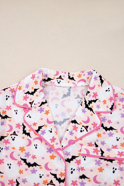 Pink Cute Floral Halloween Ghost Print Long Pajama Set