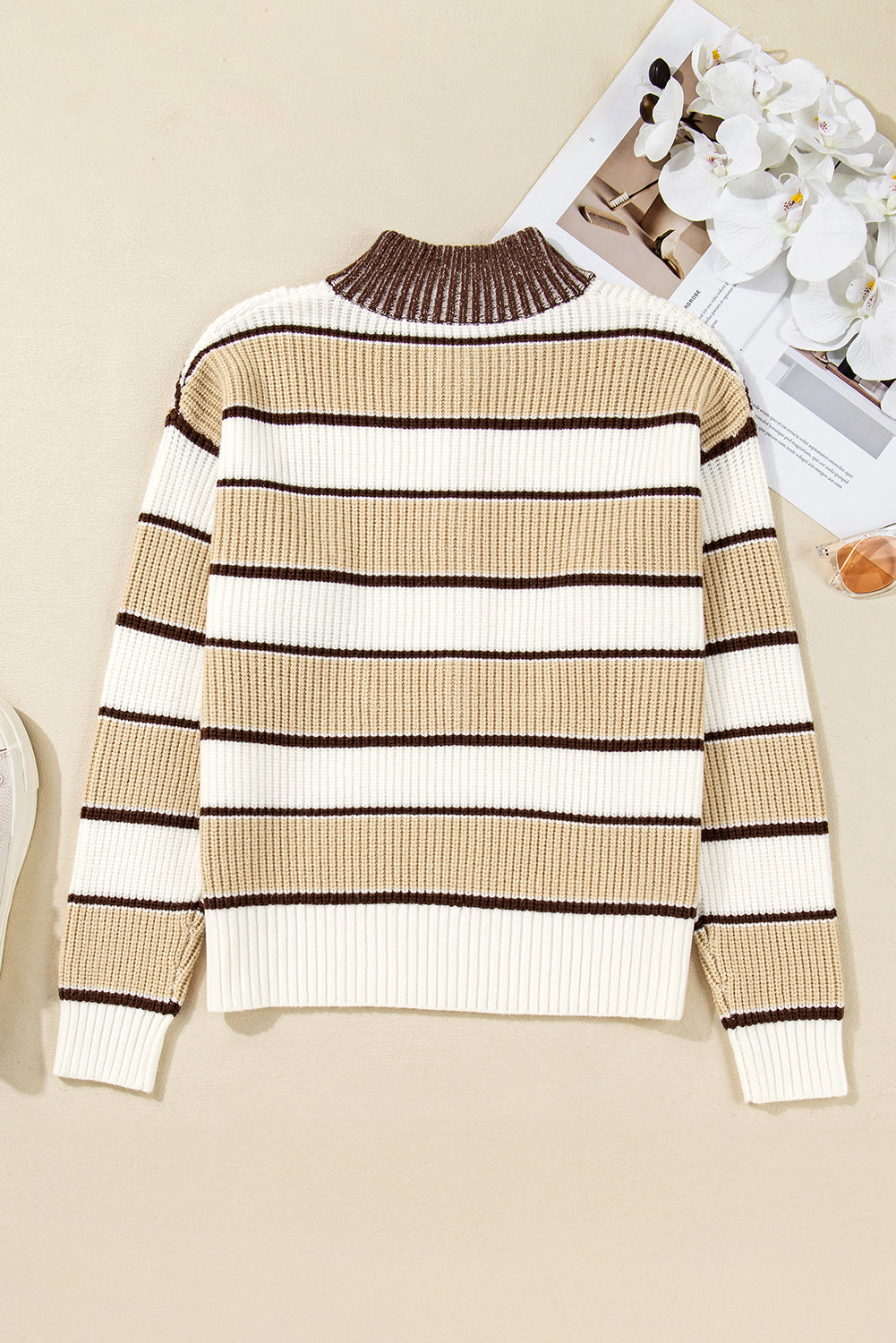 Khaki Striped Colorblock Zip Neck Knit Sweater