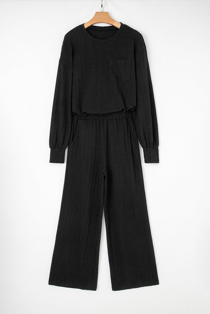 Black Textured Chest Pocket Drop Sleeve Top and Pants Set