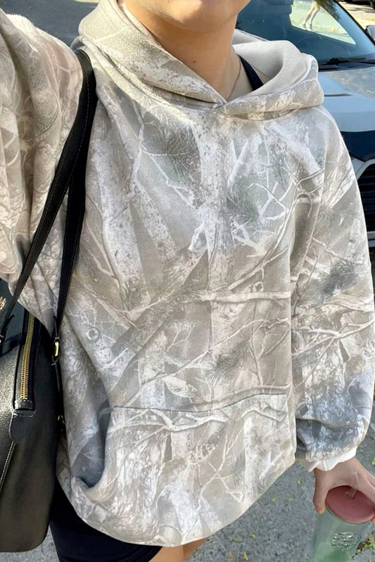 Gray Camouflage Maple Leaf Print Kangaroo Pocket Oversized Hoodie