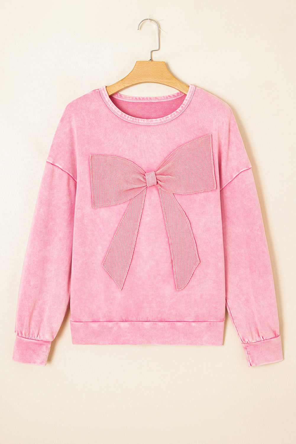 Light French Beige Mineral Wash Waffle Bow Patched Pullover Sweatshirt
