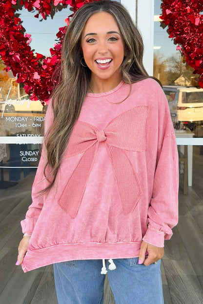 Light French Beige Mineral Wash Waffle Bow Patched Pullover Sweatshirt