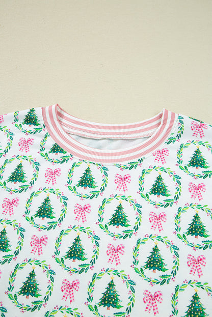 Green Bow Christmas Tree Print Contrast Striped Trim 2pcs Lounge Set