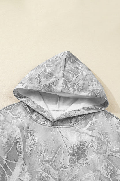 Gray Camouflage Maple Leaf Print Kangaroo Pocket Oversized Hoodie