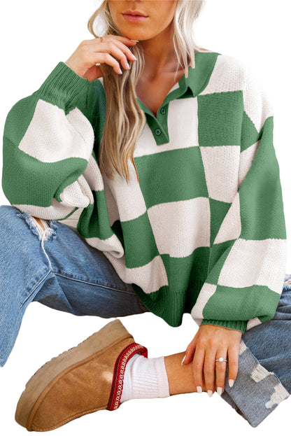 Light French Beige Checkered V-Neck Collared Pullover Sweater